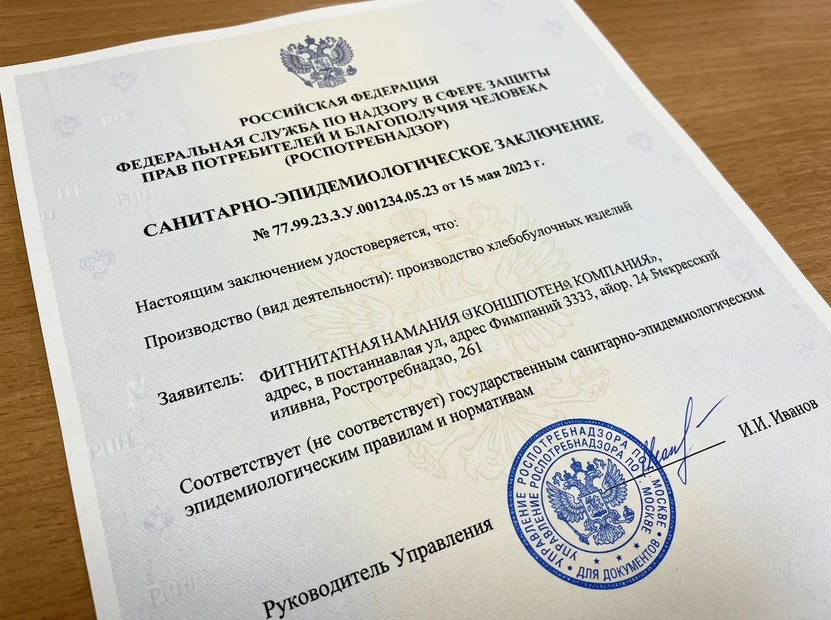 Санитарно-эпидемиологическое заключение Роспотребнадзора, официальный документ с гербовой печатью