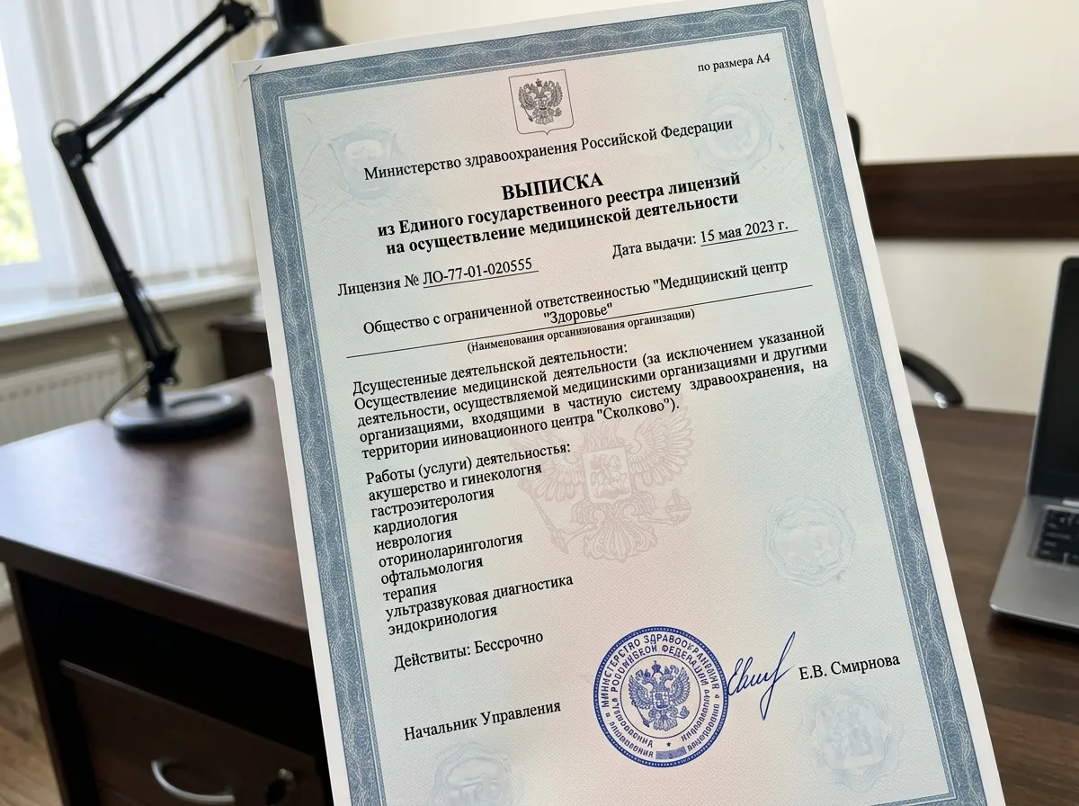 Выписка из государственного реестра лицензий на медицинскую деятельность, официальная бумага с подписью и печатью